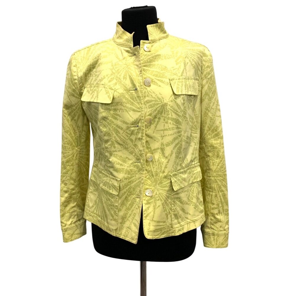 Lafayette 148 Yellow Palm Print Cotton Jacket With Collar & Button Front 12